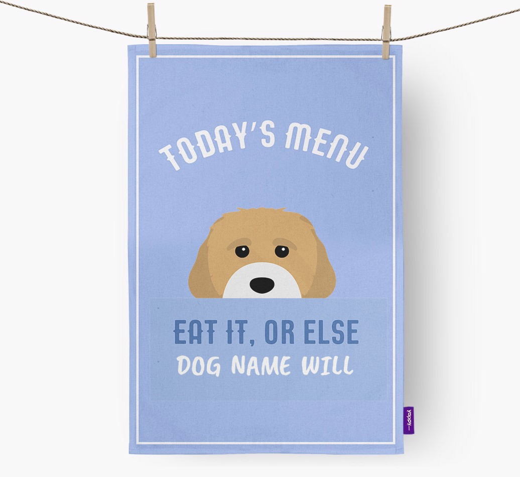 'Eat It, Or Else {dogsName} Will' - Personalised {breedFullName} Tea Towel