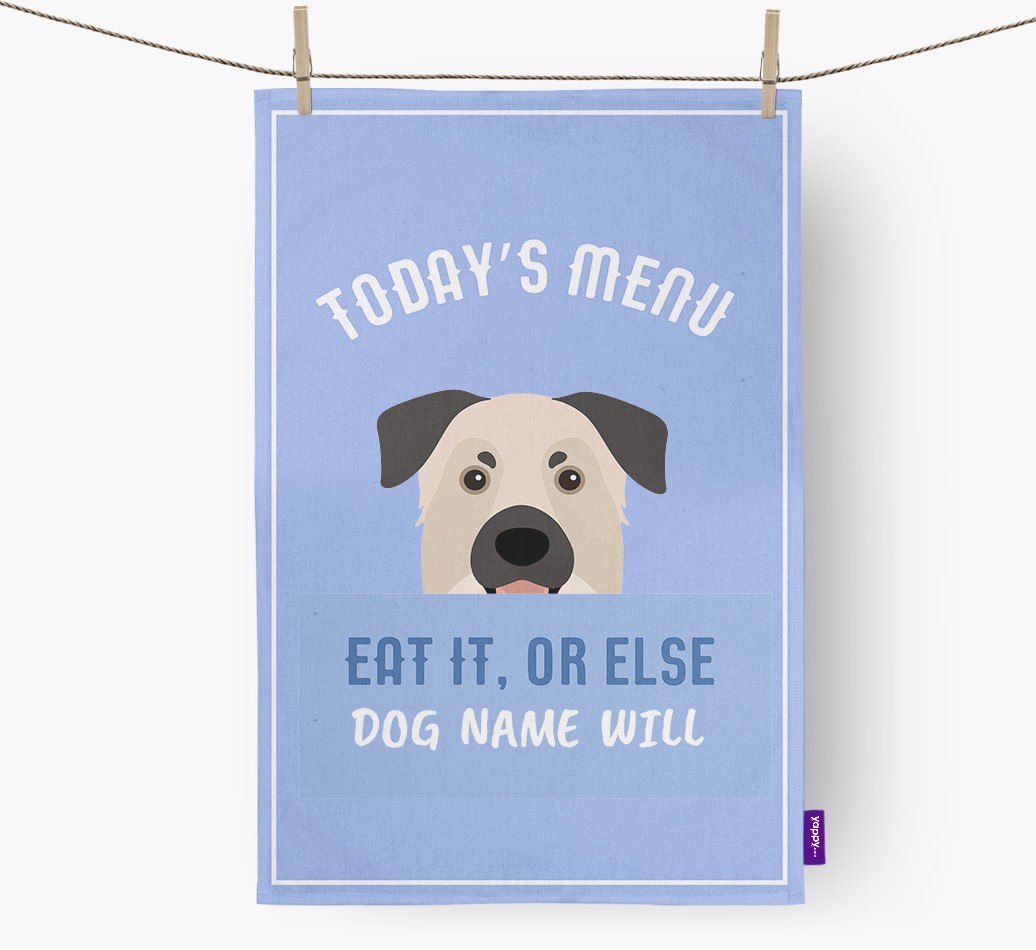 'Eat It, Or Else {dogsName} Will' - Personalised {breedFullName} Tea Towel
