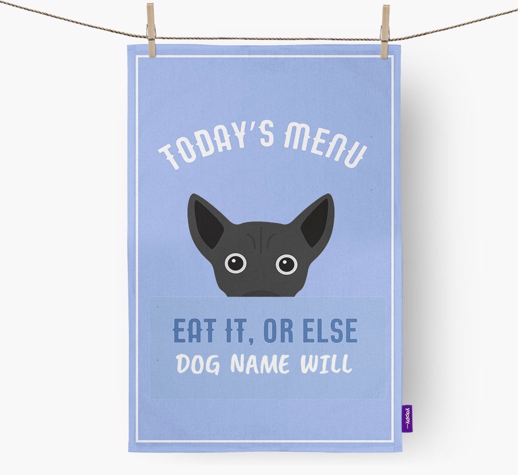 'Eat It, Or Else {dogsName} Will' - Personalised {breedFullName} Tea Towel