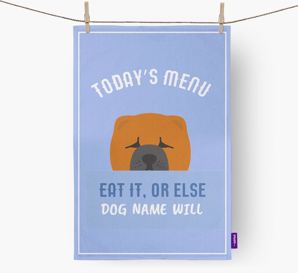 'Eat It, Or Else {dogsName} Will' - Personalised {breedFullName} Tea Towel