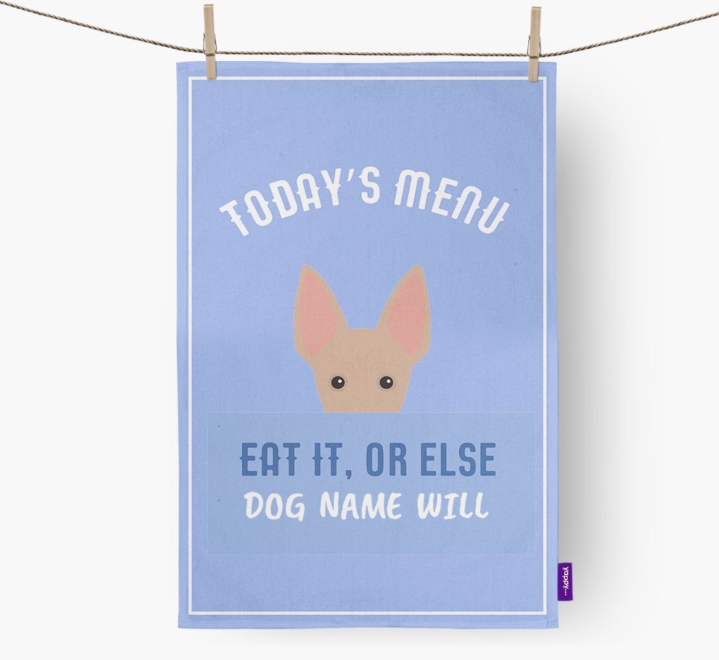 'Eat It, Or Else {dogsName} Will' - Personalised {breedFullName} Tea Towel