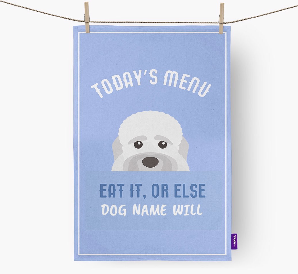 'Eat It, Or Else {dogsName} Will' - Personalised {breedFullName} Tea Towel