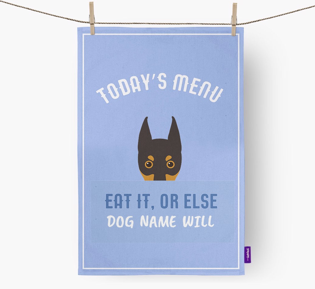 'Eat It, Or Else {dogsName} Will' - Personalised {breedFullName} Tea Towel