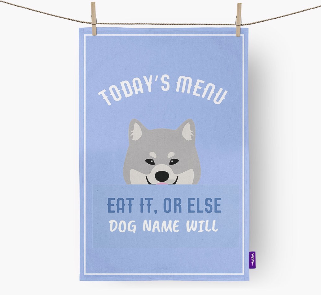 'Eat It, Or Else {dogsName} Will' - Personalised {breedFullName} Tea Towel