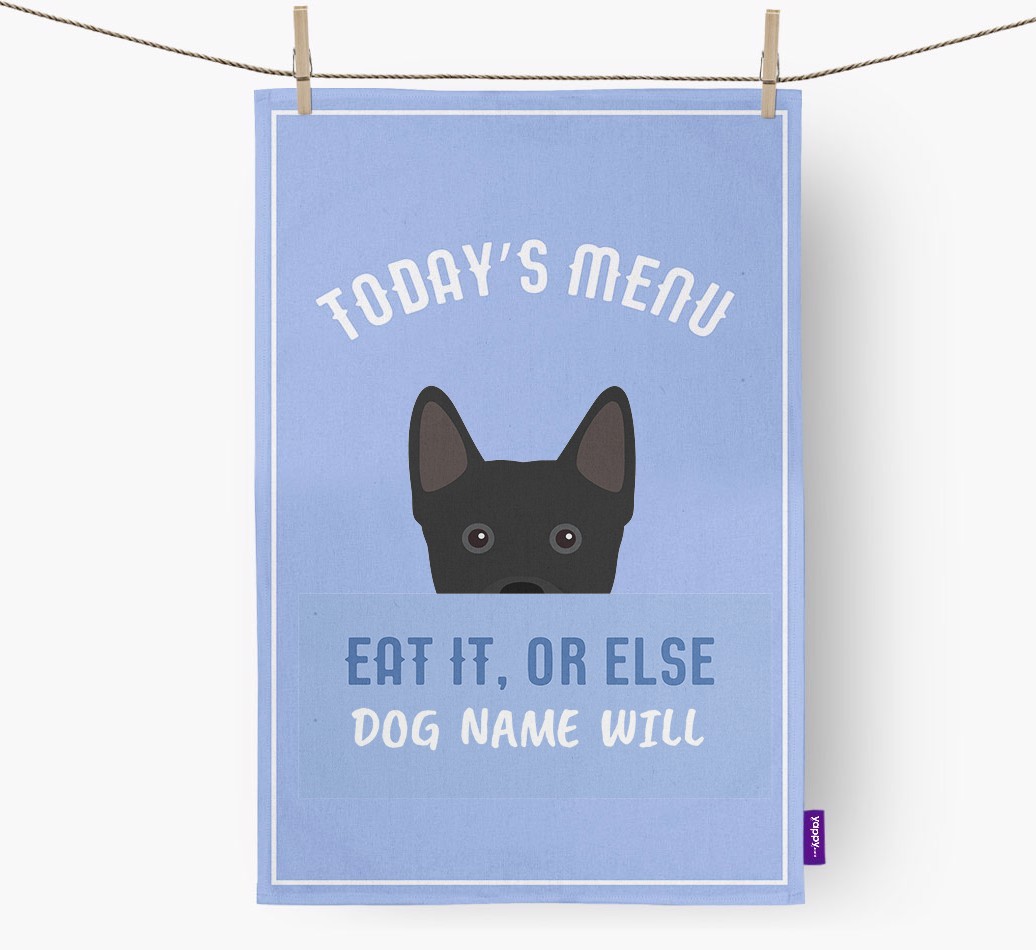 'Eat It, Or Else {dogsName} Will' - Personalised {breedFullName} Tea Towel