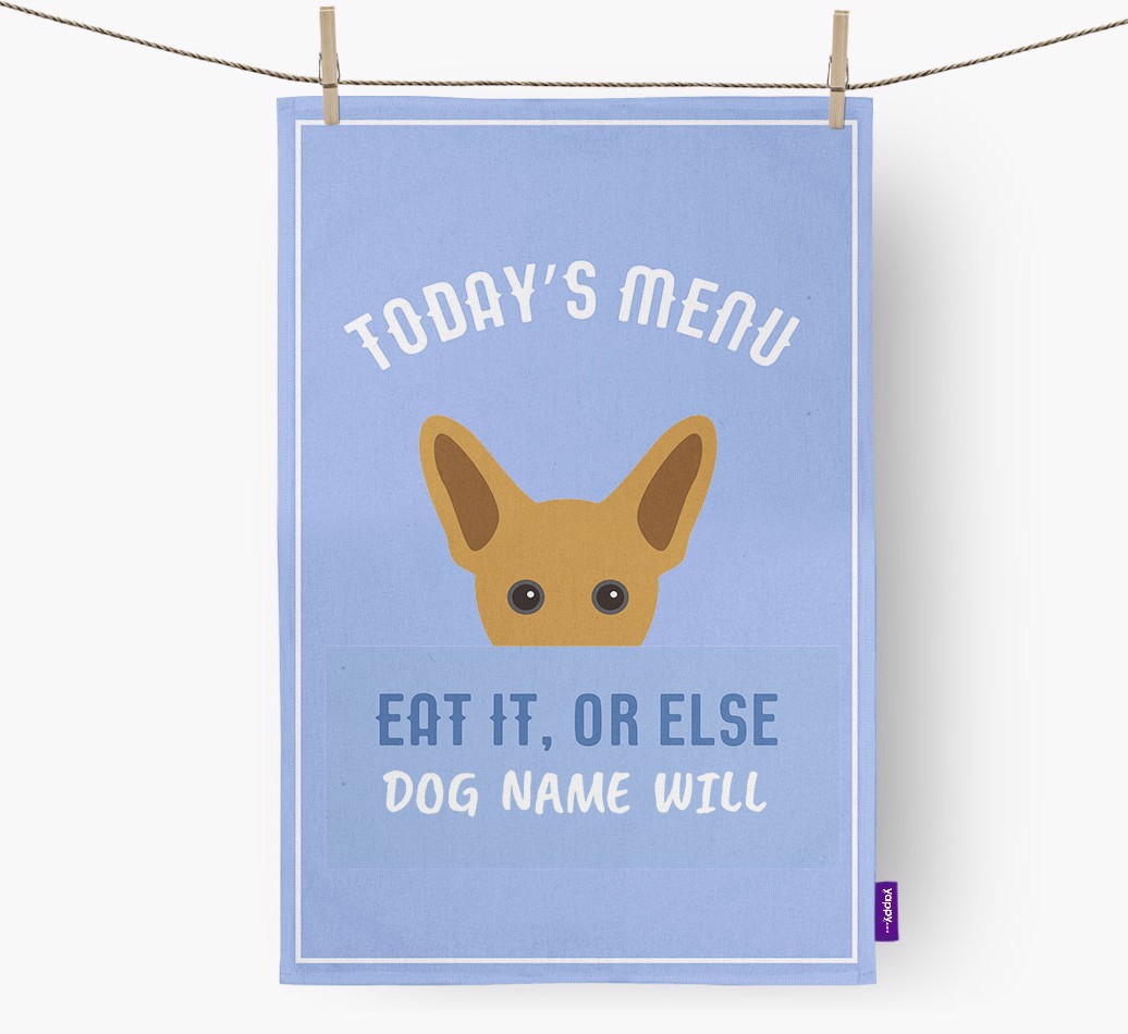 'Eat It, Or Else {dogsName} Will' - Personalised {breedFullName} Tea Towel