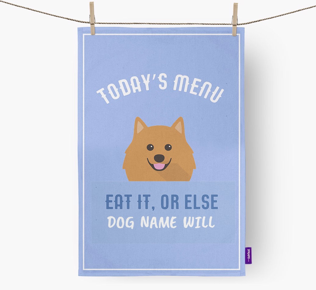 'Eat It, Or Else {dogsName} Will' - Personalised {breedFullName} Tea Towel