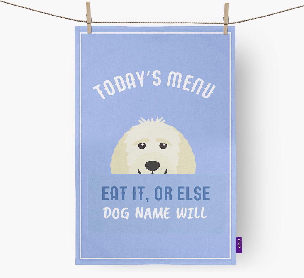 'Eat It, Or Else {dogsName} Will' - Personalised {breedFullName} Tea Towel