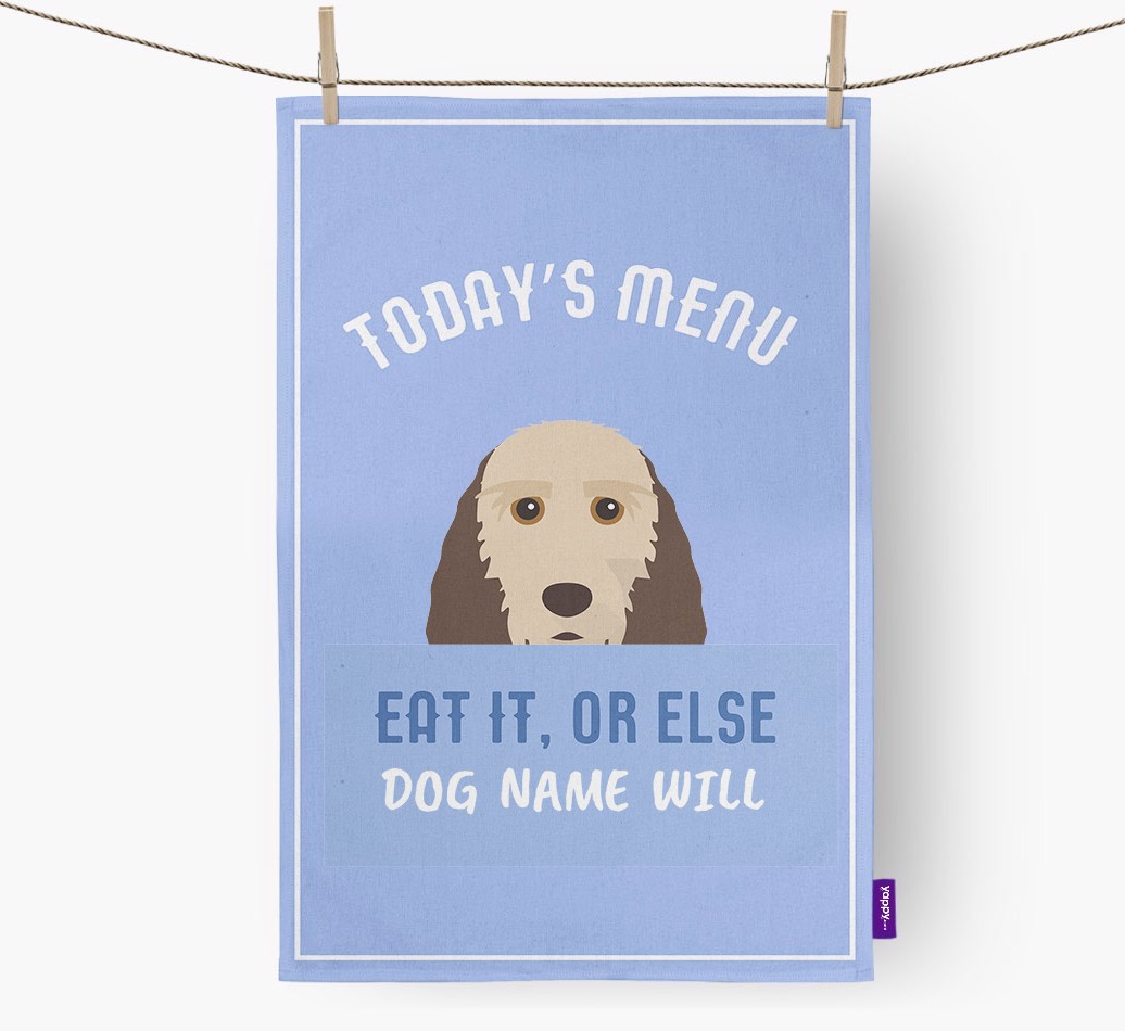 'Eat It, Or Else {dogsName} Will' - Personalised {breedFullName} Tea Towel