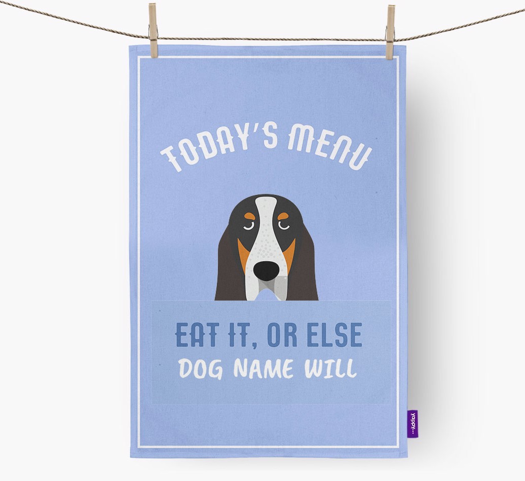 'Eat It, Or Else {dogsName} Will' - Personalised {breedFullName} Tea Towel