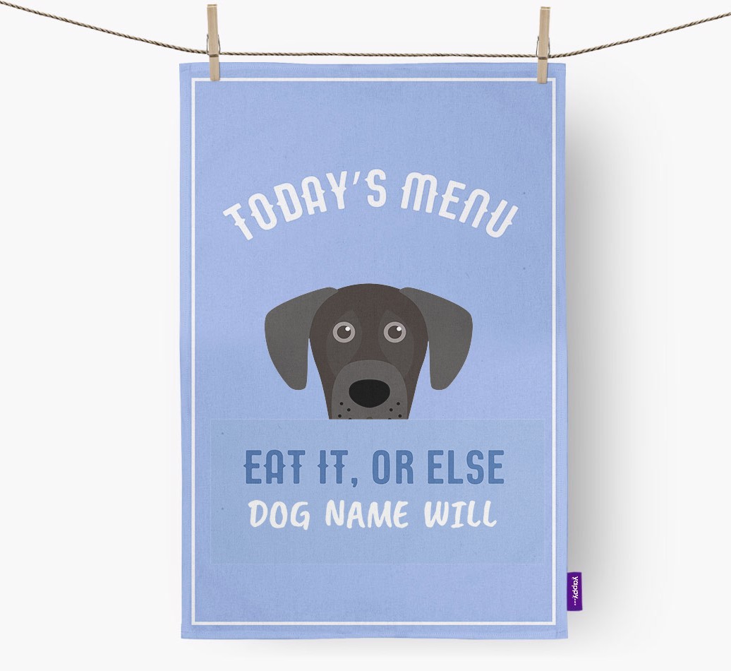 'Eat It, Or Else {dogsName} Will' - Personalised {breedFullName} Tea Towel