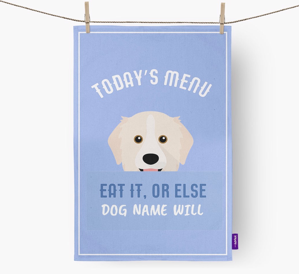 'Eat It, Or Else {dogsName} Will' - Personalised {breedFullName} Tea Towel