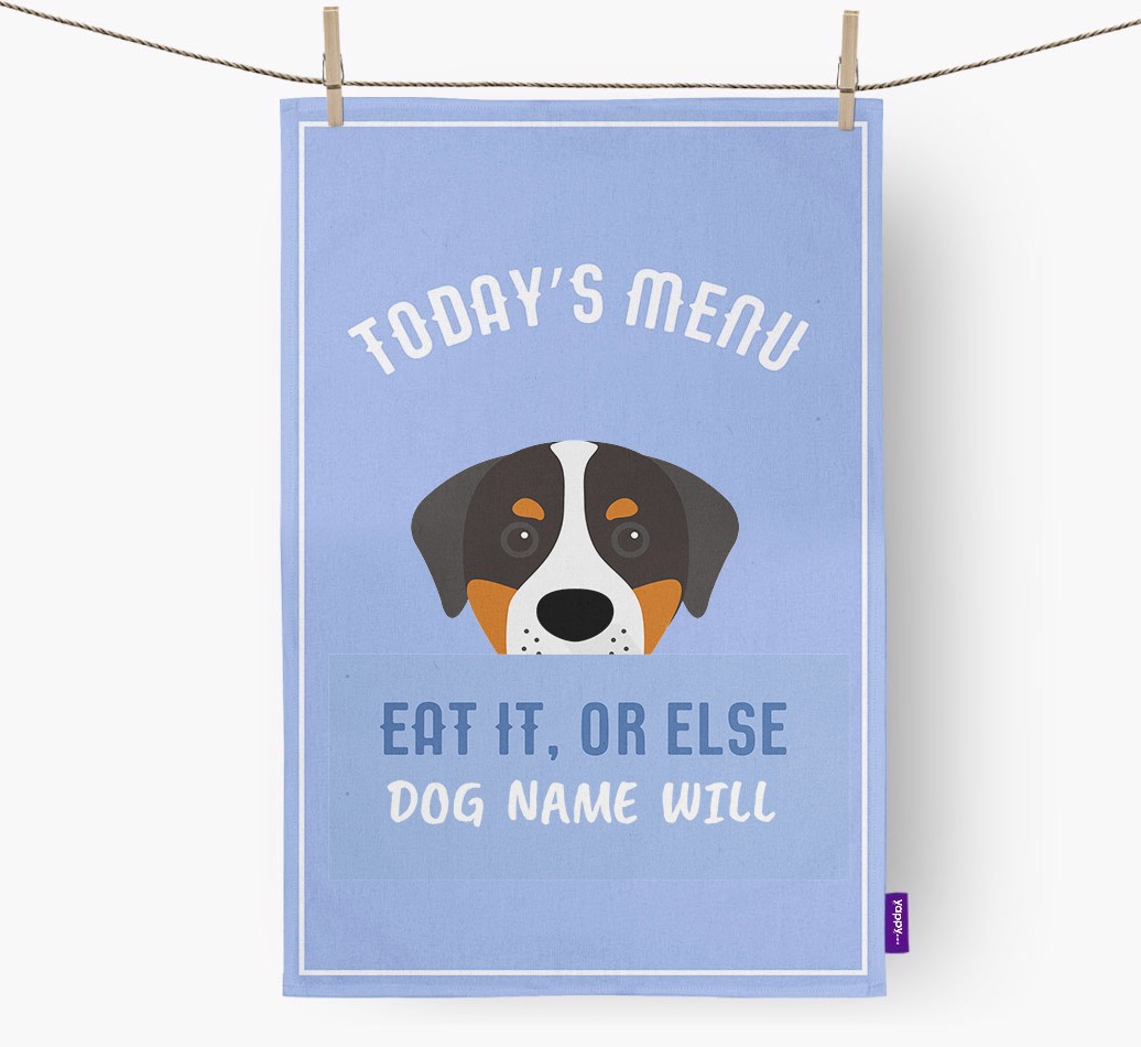 'Eat It, Or Else {dogsName} Will' - Personalised {breedFullName} Tea Towel