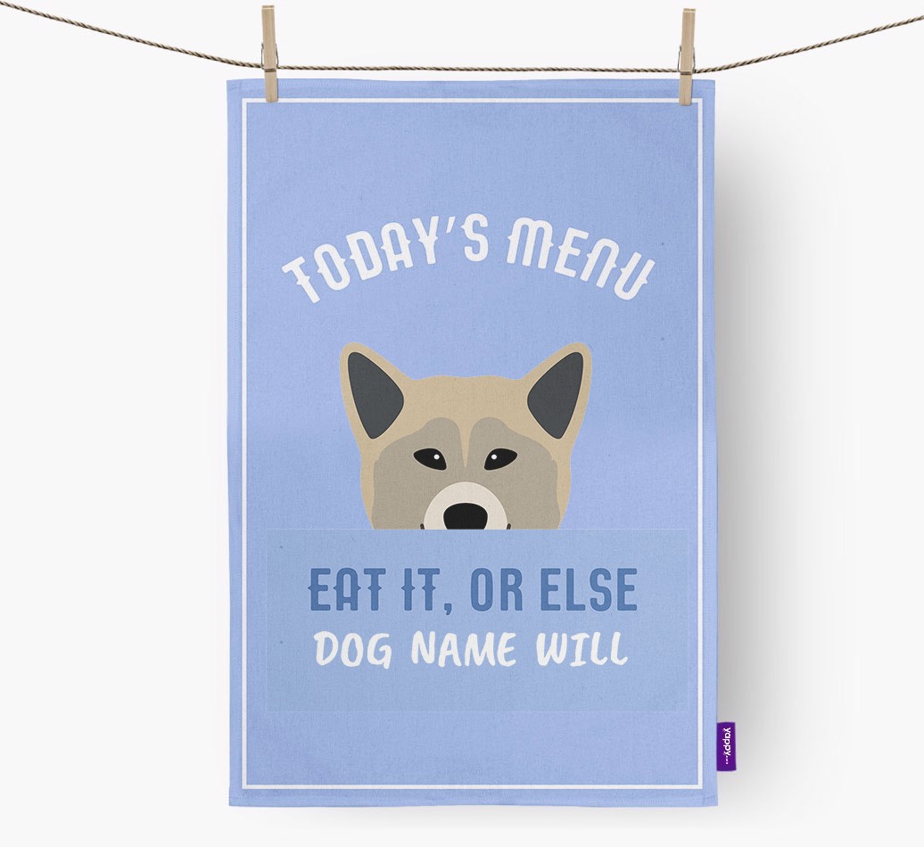 'Eat It, Or Else {dogsName} Will' - Personalised {breedFullName} Tea Towel