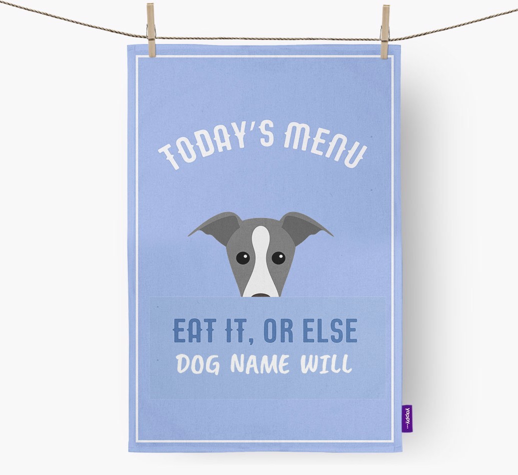 'Eat It, Or Else {dogsName} Will' - Personalised {breedFullName} Tea Towel