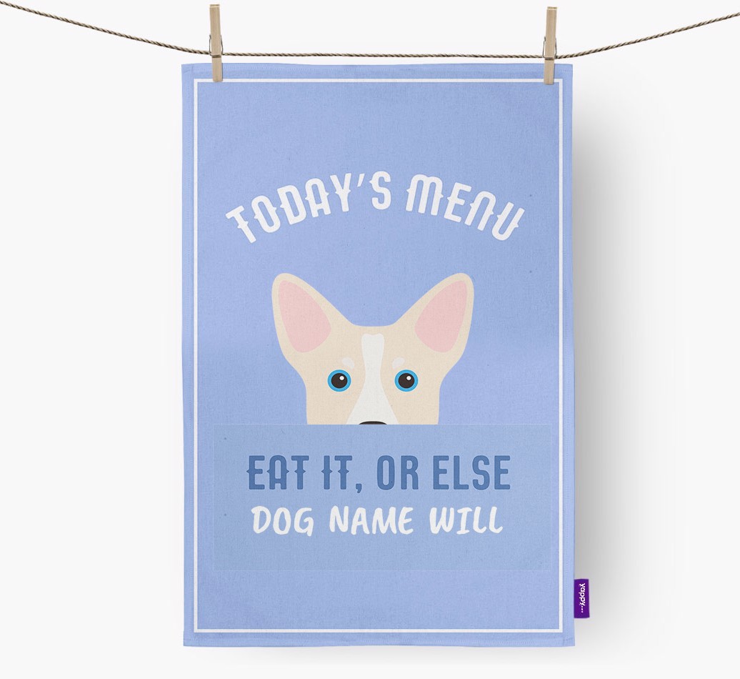 'Eat It, Or Else {dogsName} Will' - Personalised {breedFullName} Tea Towel