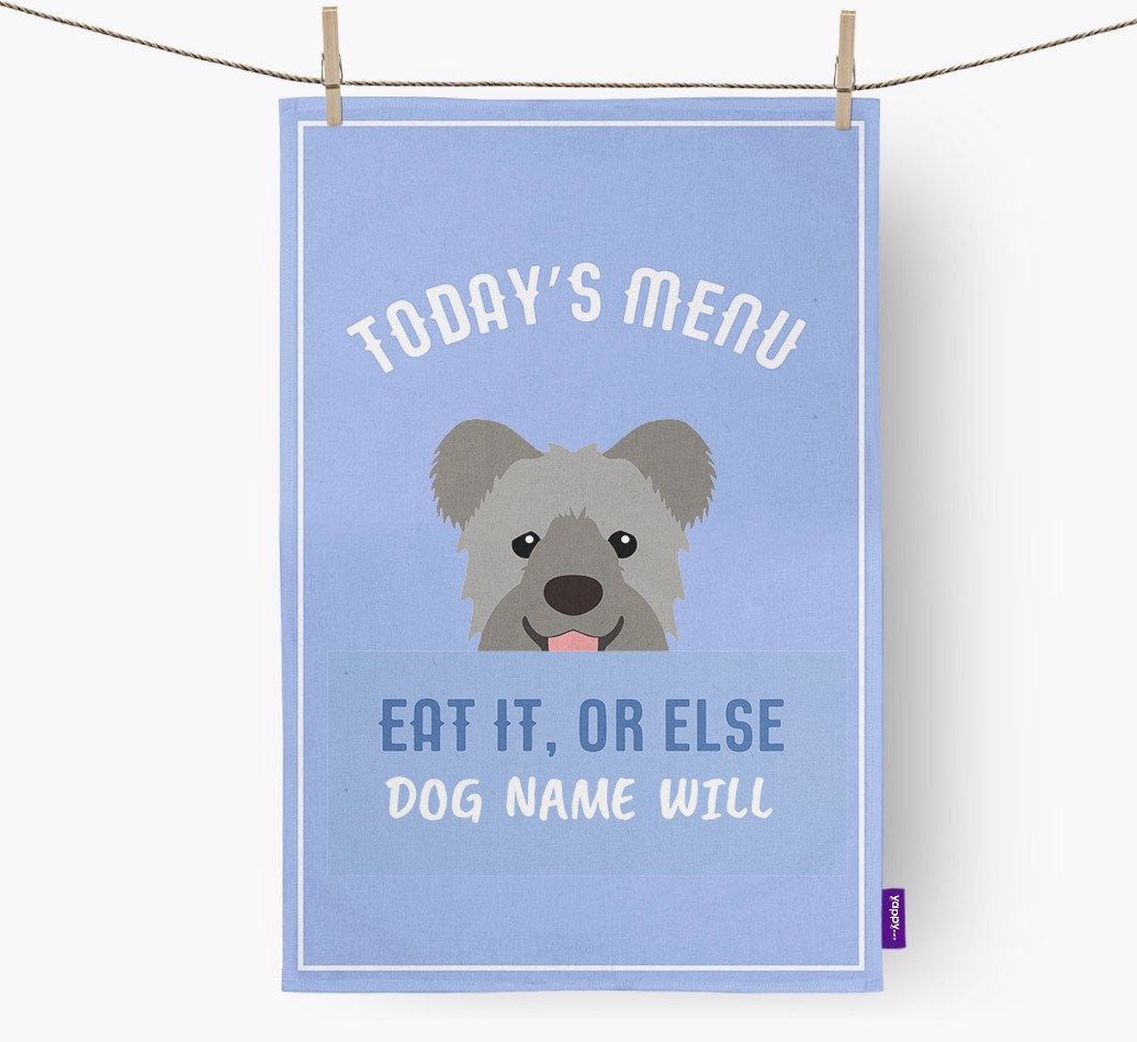 'Eat It, Or Else {dogsName} Will' - Personalised {breedFullName} Tea Towel