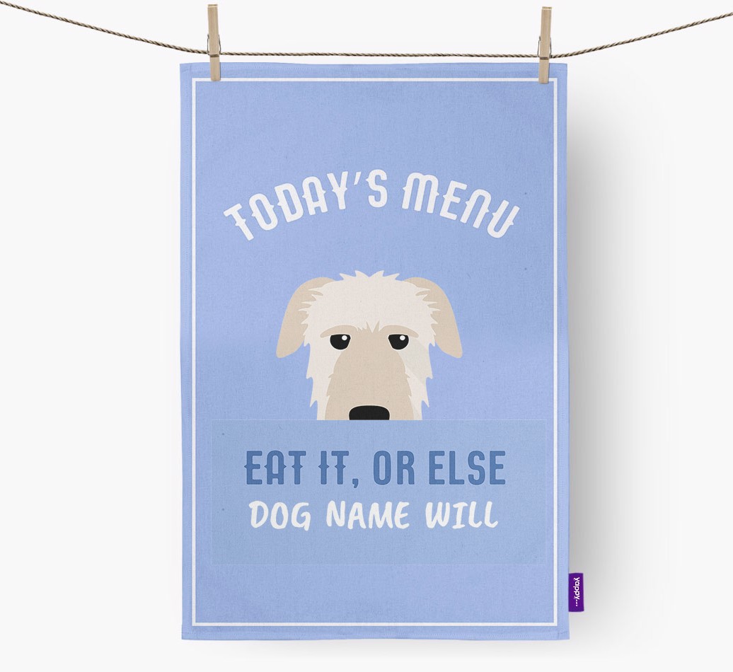 'Eat It, Or Else {dogsName} Will' - Personalised {breedFullName} Tea Towel
