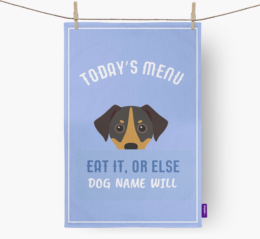 'Eat It, Or Else {dogsName} Will' - Personalised {breedFullName} Tea Towel