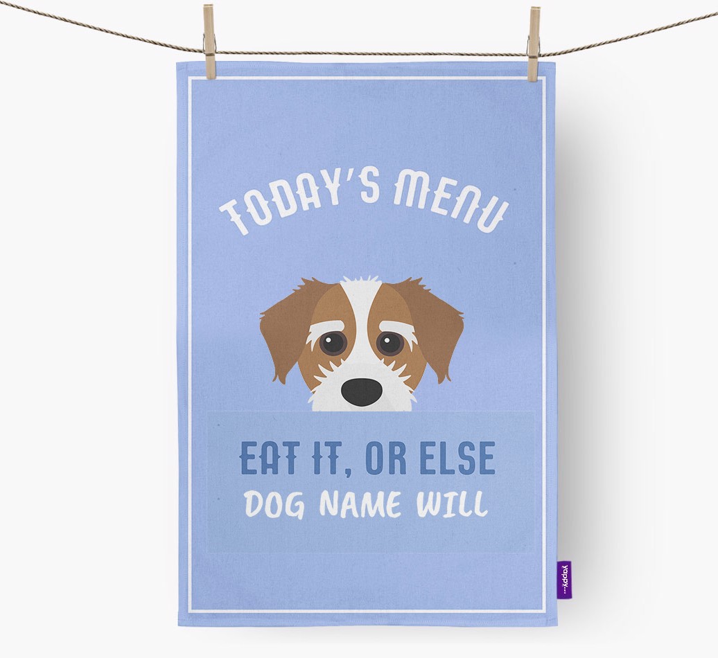 'Eat It, Or Else {dogsName} Will' - Personalised {breedFullName} Tea Towel