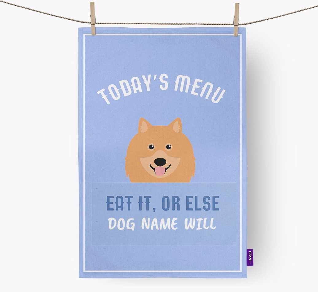 'Eat It, Or Else {dogsName} Will' - Personalised {breedFullName} Tea Towel