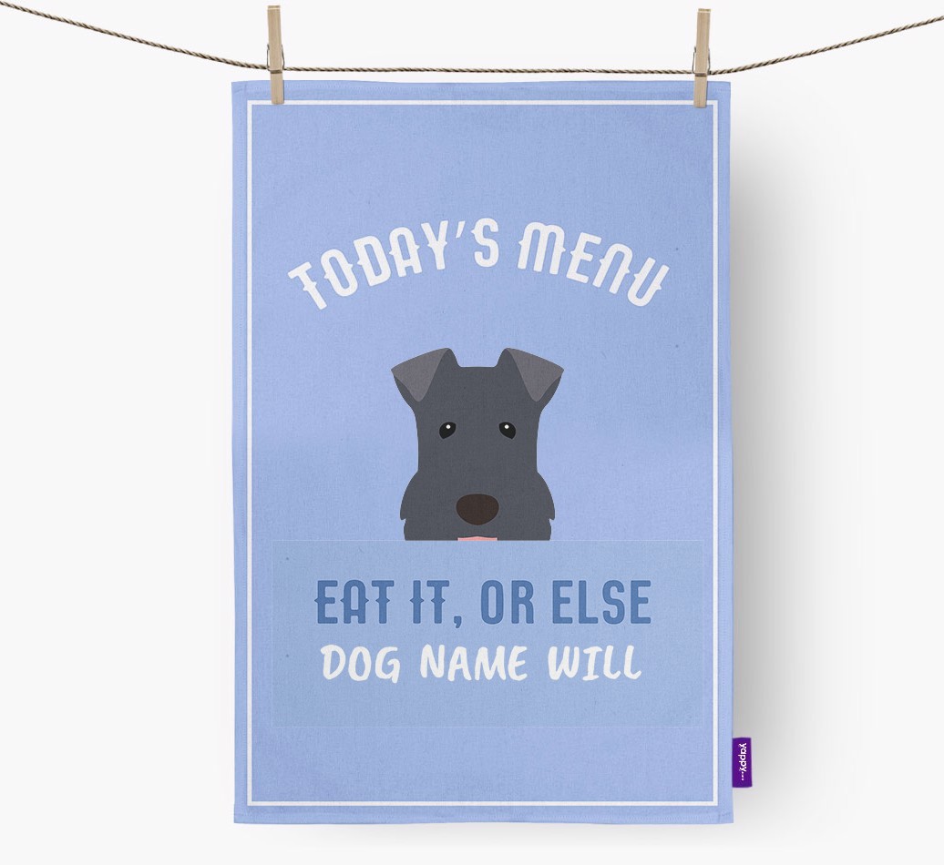 'Eat It, Or Else {dogsName} Will' - Personalised {breedFullName} Tea Towel