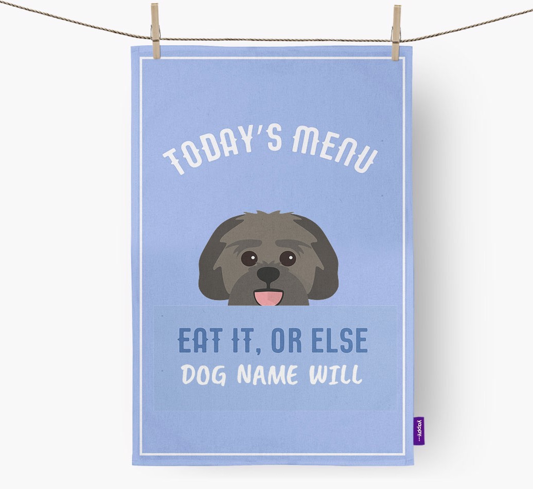 'Eat It, Or Else {dogsName} Will' - Personalised {breedFullName} Tea Towel