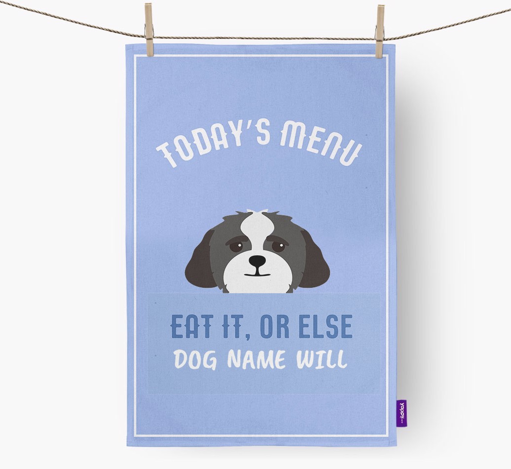 'Eat It, Or Else {dogsName} Will' - Personalised {breedFullName} Tea Towel