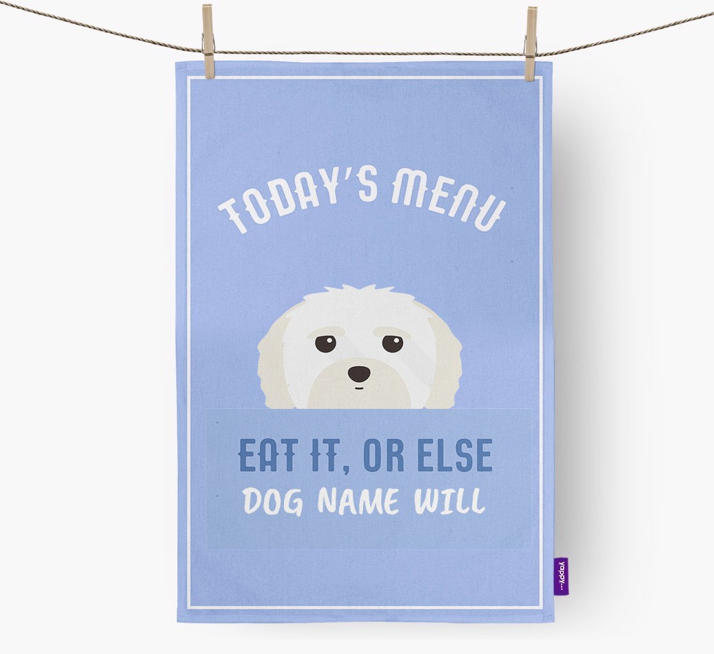 'Eat It, Or Else {dogsName} Will' - Personalised {breedFullName} Tea Towel