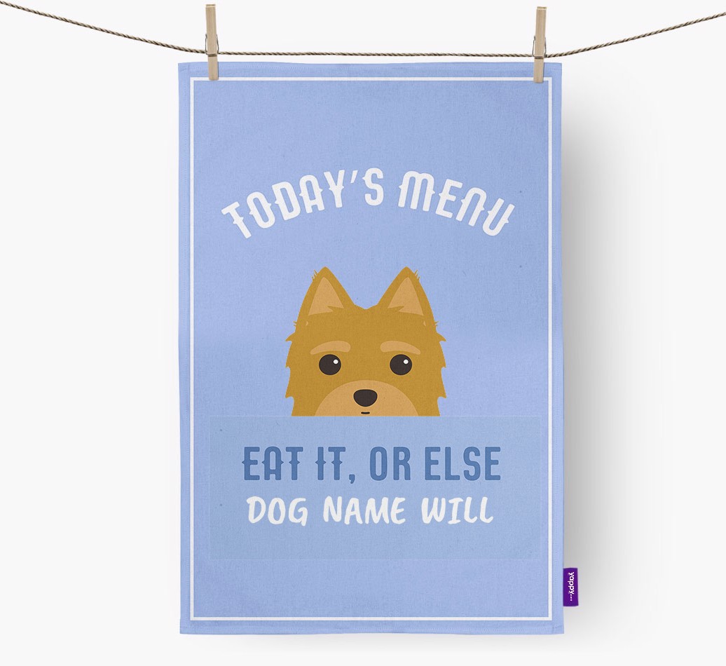 'Eat It, Or Else {dogsName} Will' - Personalised {breedFullName} Tea Towel