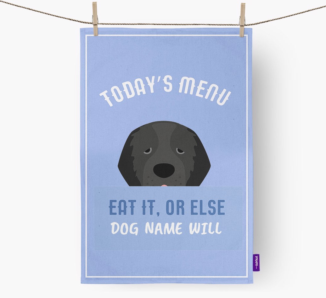 'Eat It, Or Else {dogsName} Will' - Personalised {breedFullName} Tea Towel