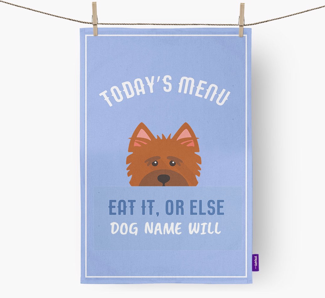 'Eat It, Or Else {dogsName} Will' - Personalised {breedFullName} Tea Towel
