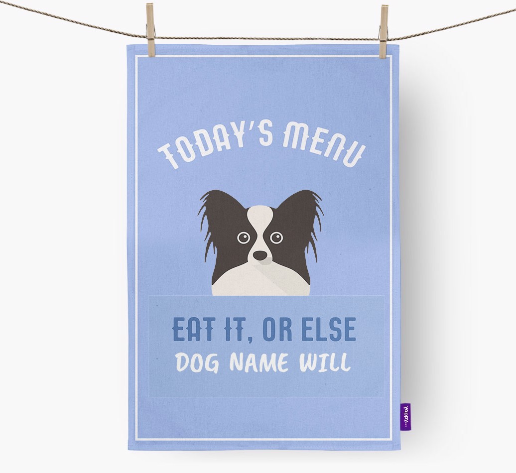 'Eat It, Or Else {dogsName} Will' - Personalised {breedFullName} Tea Towel