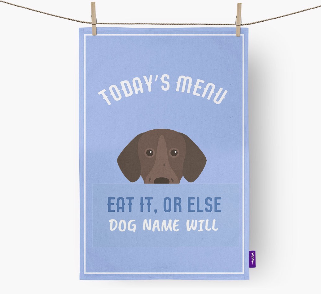 'Eat It, Or Else {dogsName} Will' - Personalised {breedFullName} Tea Towel