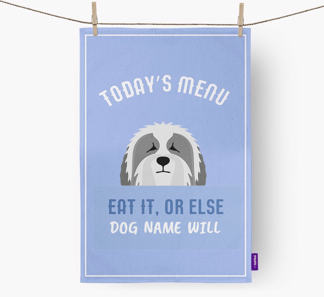 'Eat It, Or Else {dogsName} Will' - Personalised {breedFullName} Tea Towel