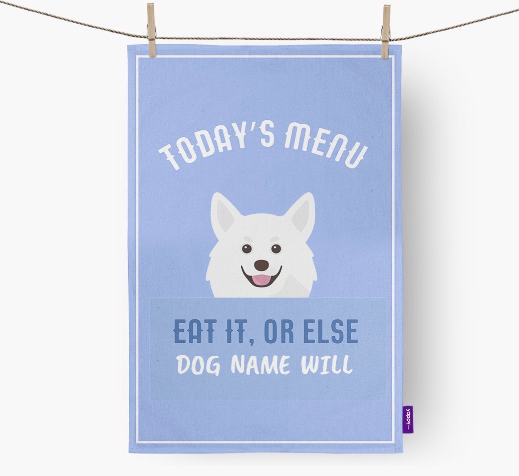 'Eat It, Or Else {dogsName} Will' - Personalised {breedFullName} Tea Towel