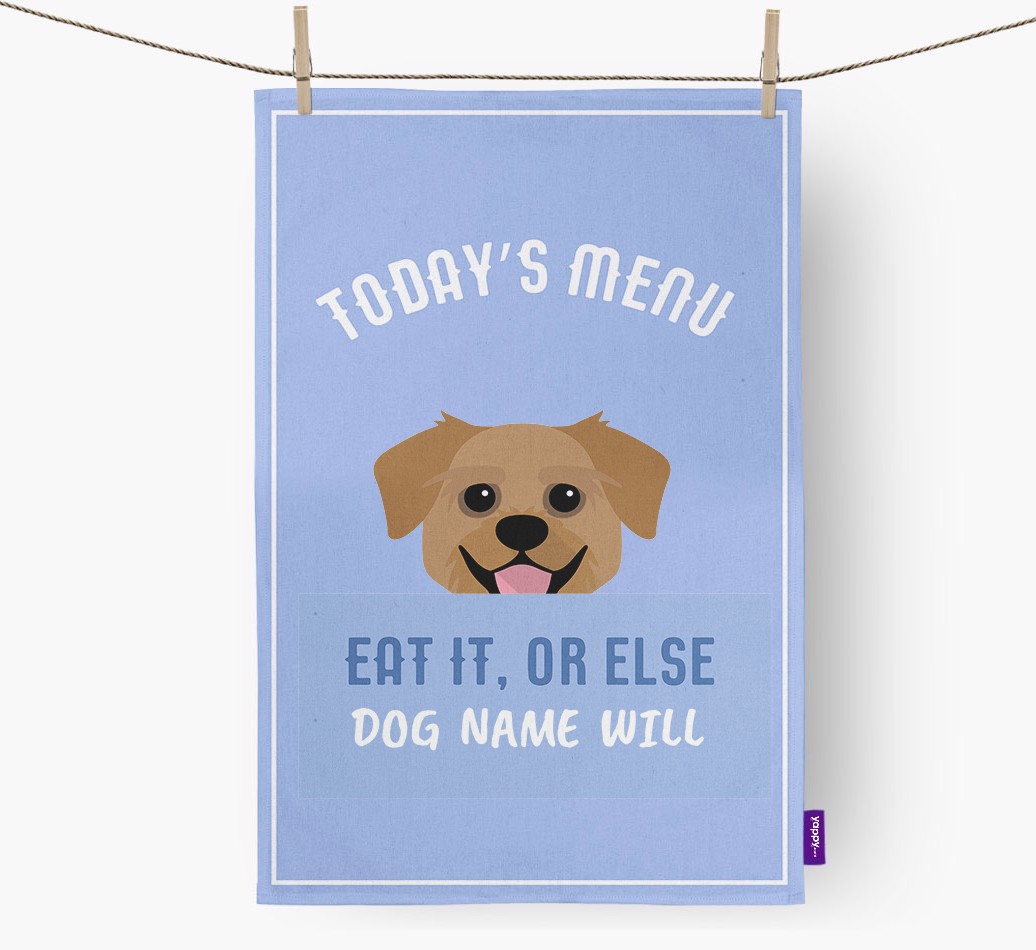 'Eat It, Or Else {dogsName} Will' - Personalised {breedFullName} Tea Towel