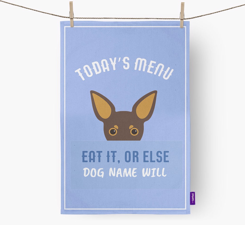 'Eat It, Or Else {dogsName} Will' - Personalised {breedFullName} Tea Towel