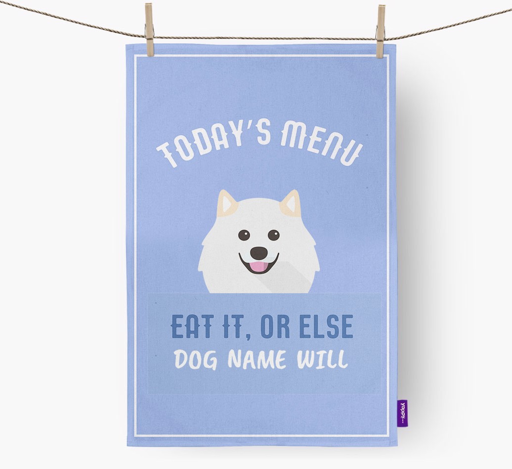 'Eat It, Or Else {dogsName} Will' - Personalised {breedFullName} Tea Towel