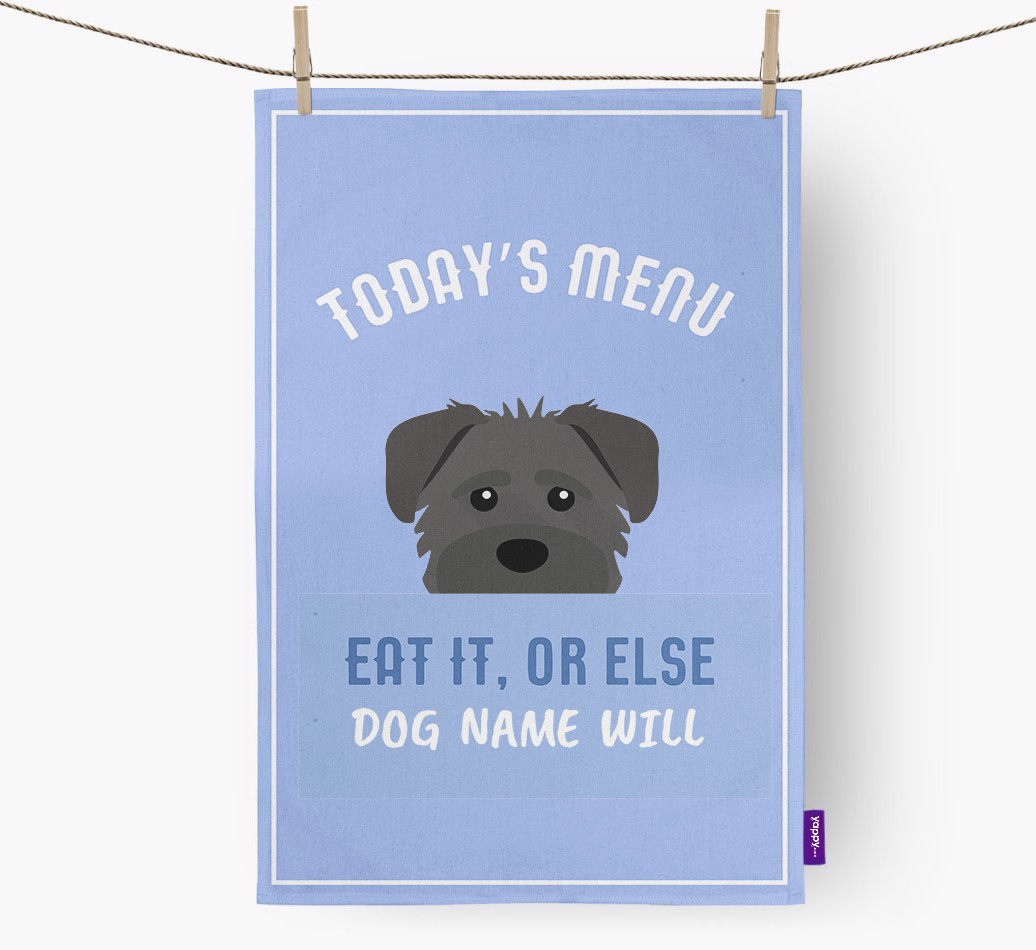 'Eat It, Or Else {dogsName} Will' - Personalised {breedFullName} Tea Towel