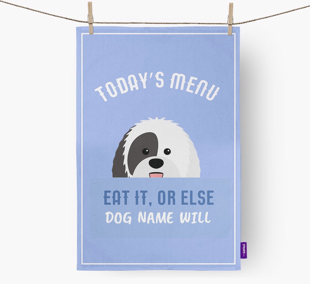 'Eat It, Or Else {dogsName} Will' - Personalised {breedFullName} Tea Towel