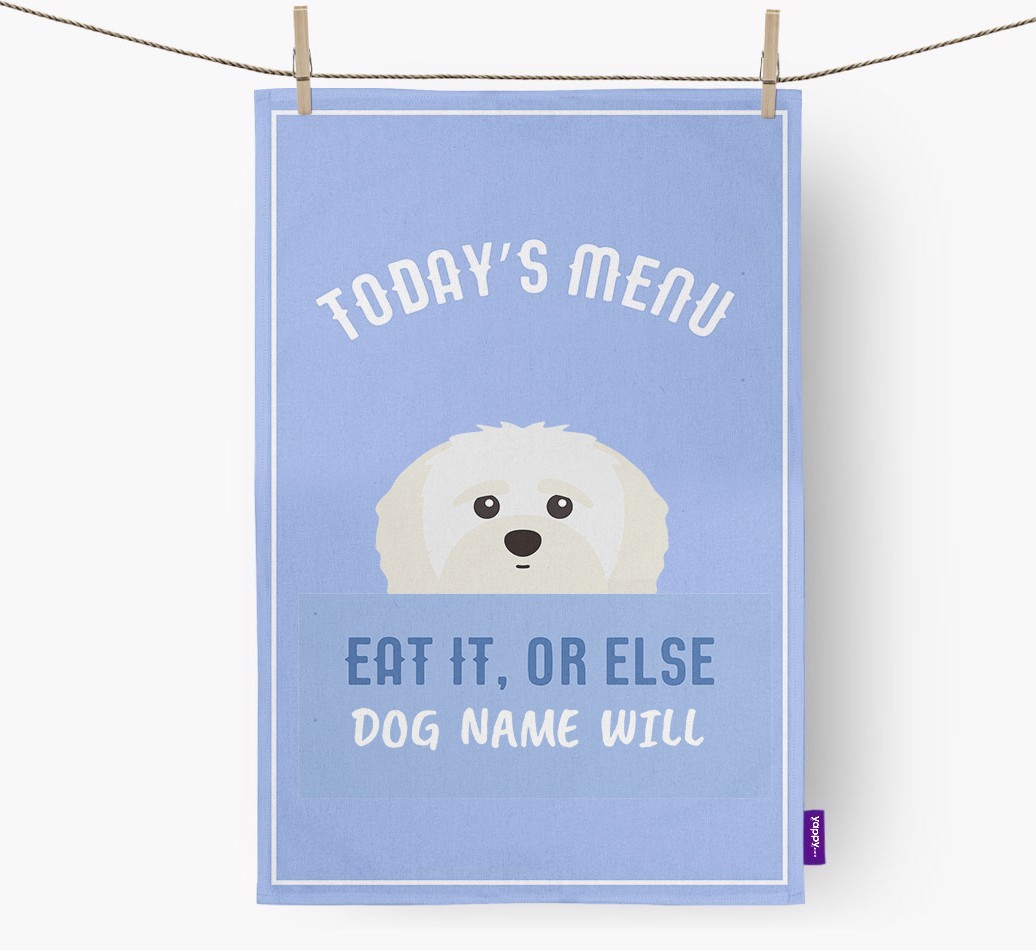 'Eat It, Or Else {dogsName} Will' - Personalised {breedFullName} Tea Towel