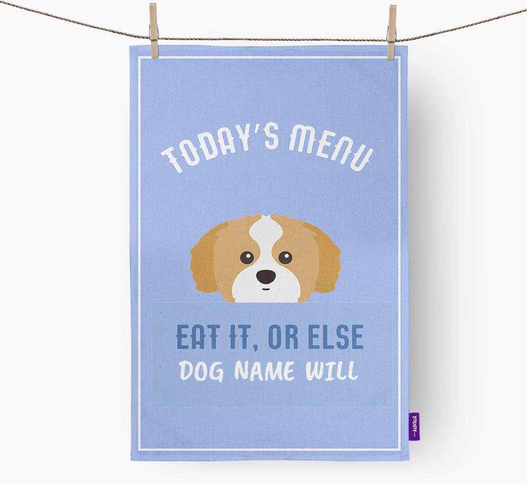 'Eat It, Or Else {dogsName} Will' - Personalised {breedFullName} Tea Towel