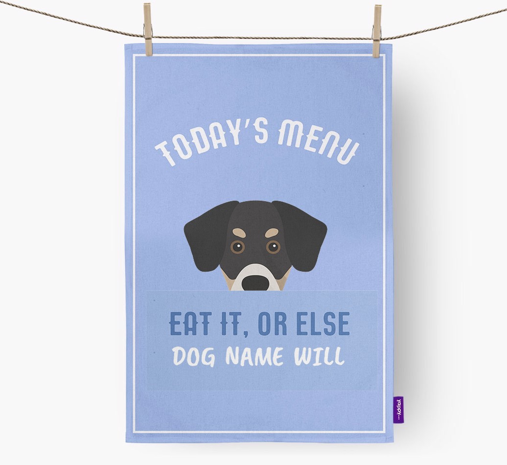 'Eat It, Or Else {dogsName} Will' - Personalised {breedFullName} Tea Towel