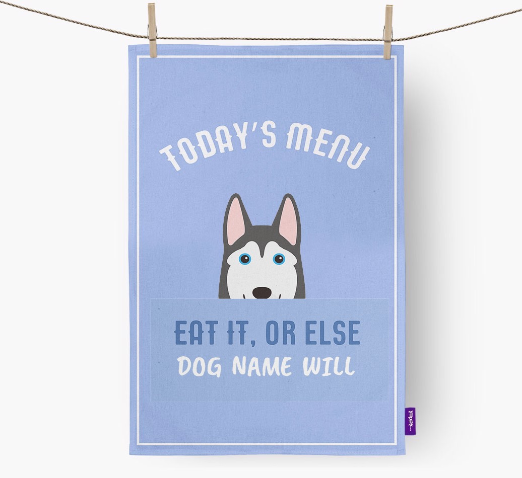 'Eat It, Or Else {dogsName} Will' - Personalised {breedFullName} Tea Towel