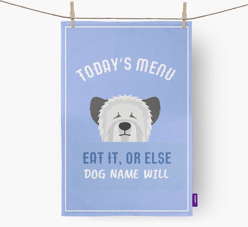 'Eat It, Or Else {dogsName} Will' - Personalised {breedFullName} Tea Towel