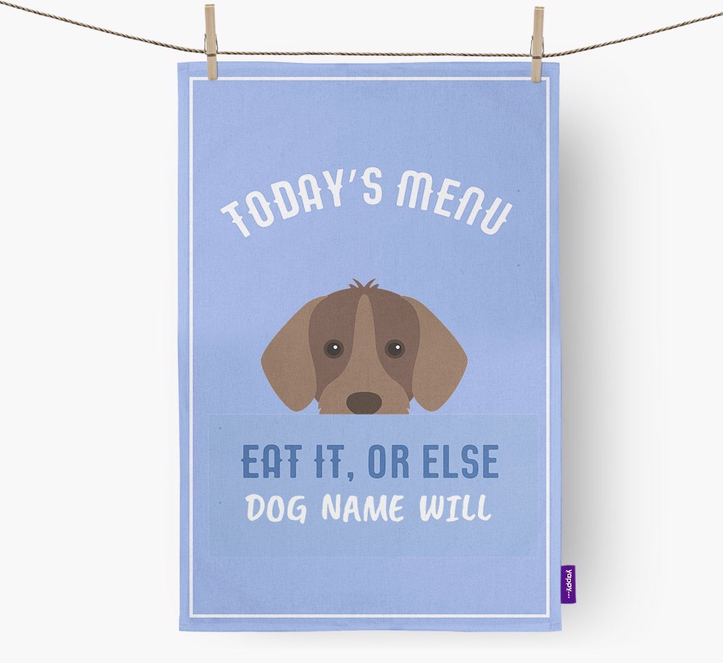'Eat It, Or Else {dogsName} Will' - Personalised {breedFullName} Tea Towel
