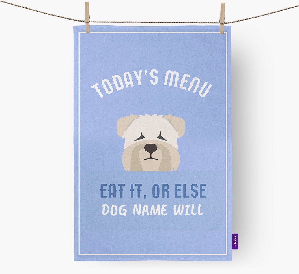 'Eat It, Or Else {dogsName} Will' - Personalised {breedFullName} Tea Towel