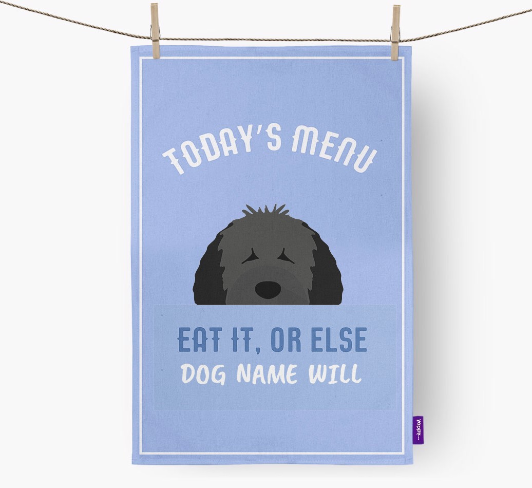 'Eat It, Or Else {dogsName} Will' - Personalised {breedFullName} Tea Towel