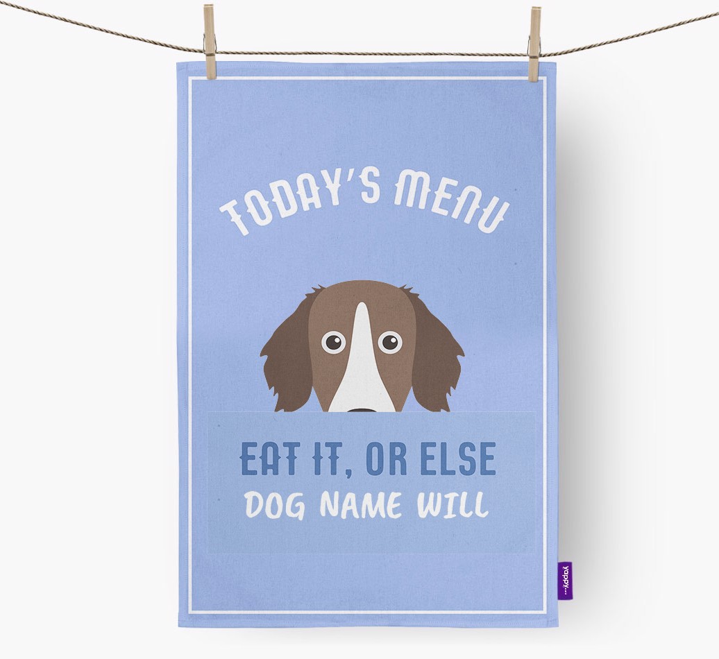 'Eat It, Or Else {dogsName} Will' - Personalised {breedFullName} Tea Towel